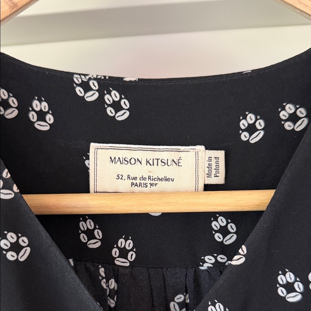 Maison Kitsune 100% Silk Black Floral Long-Sleeve Dress